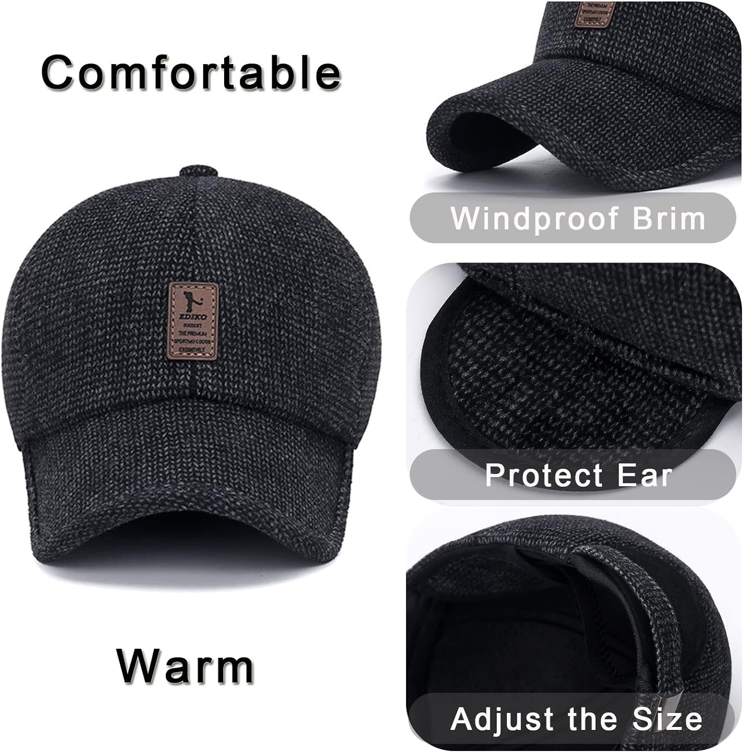 Winter for Men Outdoor Hat, Adjustable Warm Sport Golf Baseball Cap Hats Dad Caps Earflaps Thicken 55-60CM - Image 4
